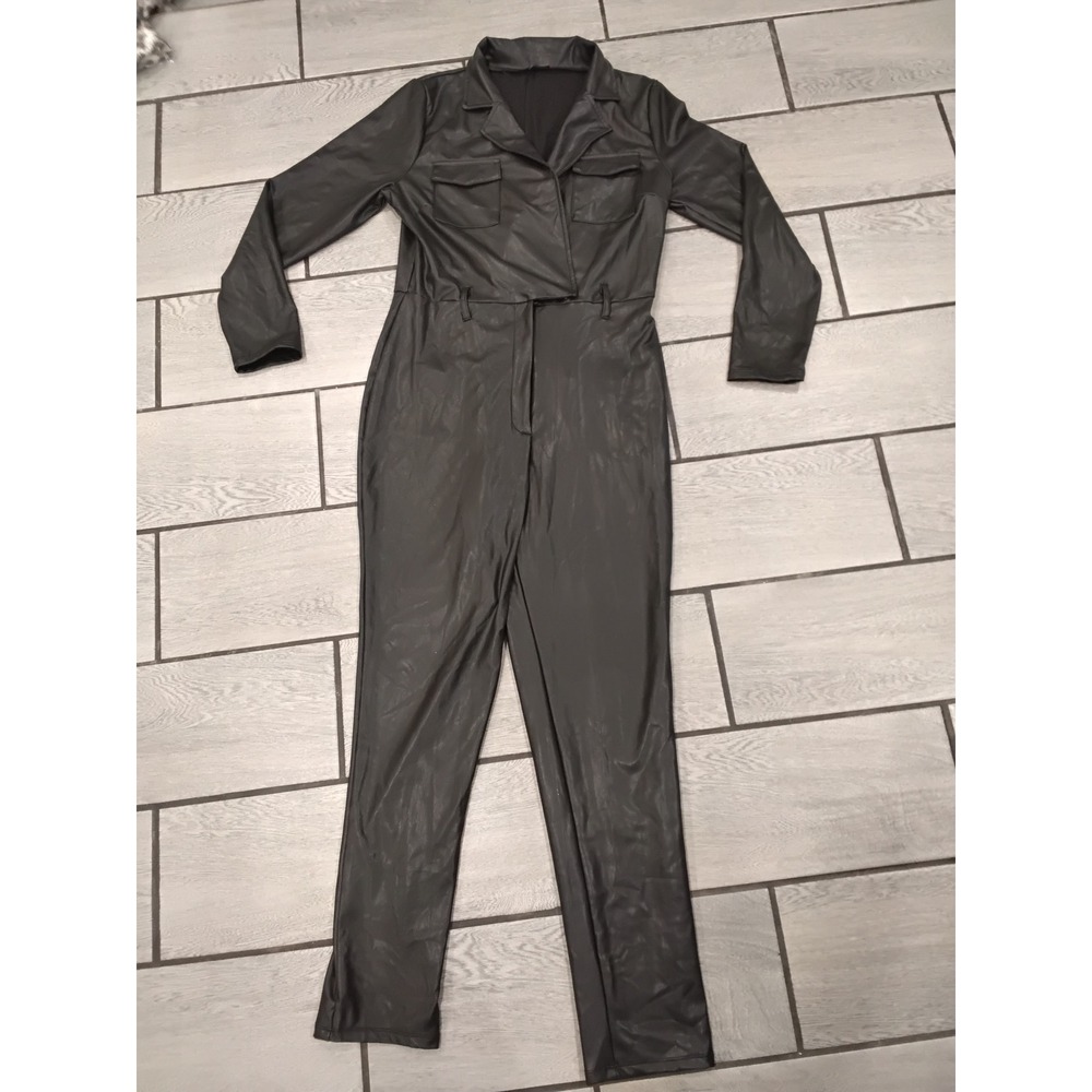 IRIS Black Faux Leather Utility Jumpsuit Collared Button Front Long Sleeve‎ L